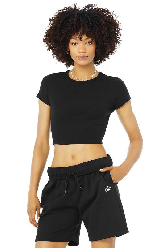 Alo Yoga Ribbed Women's Short Sleeve Black | WTSNRAP-53