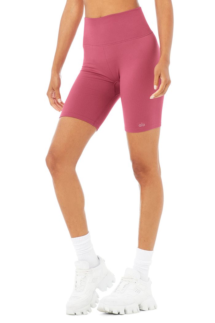 Alo Yoga Seamless High-Waist Ribbed Biker Women's Short Purple | NLXFRGA-91