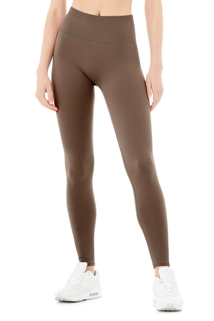 Alo Yoga Seamless High-Waist Ribbed Women's Leggings Brown | PDWAUJX-50