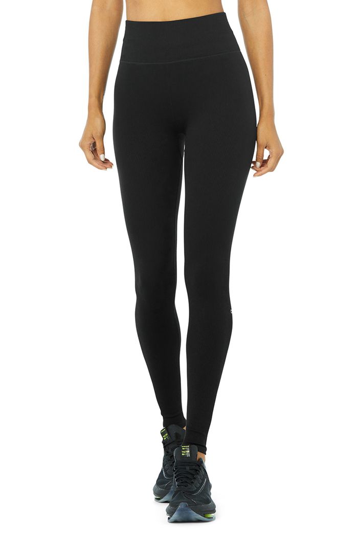 Alo Yoga Seamless High-Waist Ribbed Women's Leggings Black | RKZNFJP-58