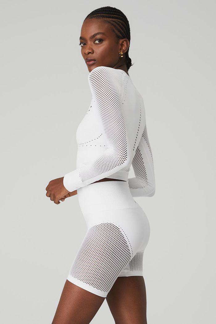 Alo Yoga Seamless Open Air Women's Long Sleeve White | QNGBPVK-98