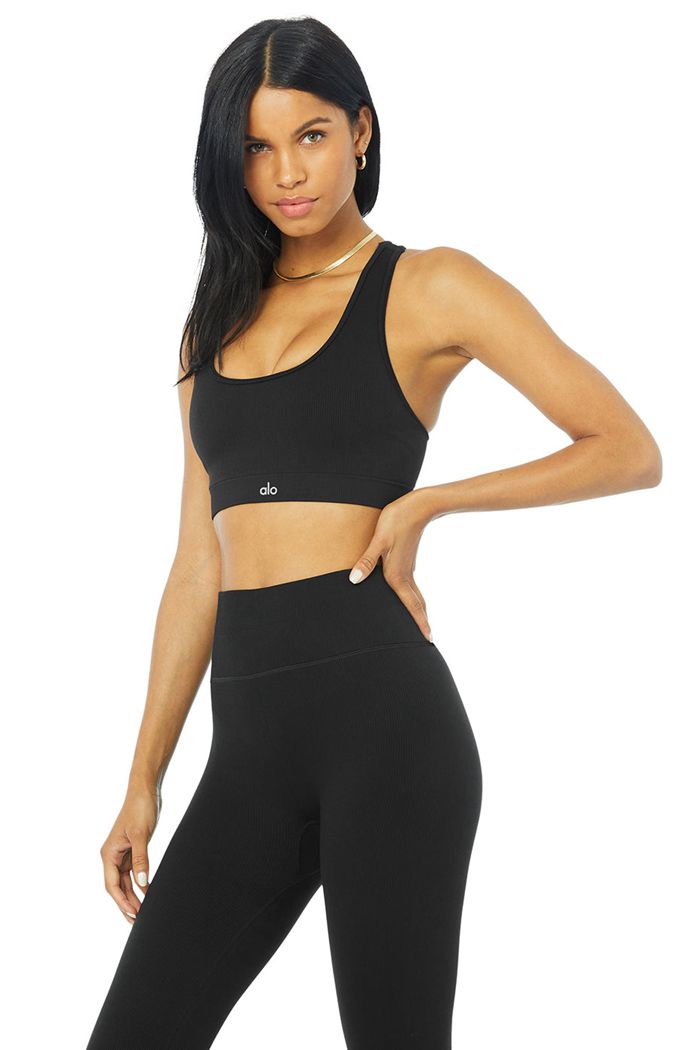 Alo Yoga Seamless Ribbed Women's Bras Black | XWRCYPK-69