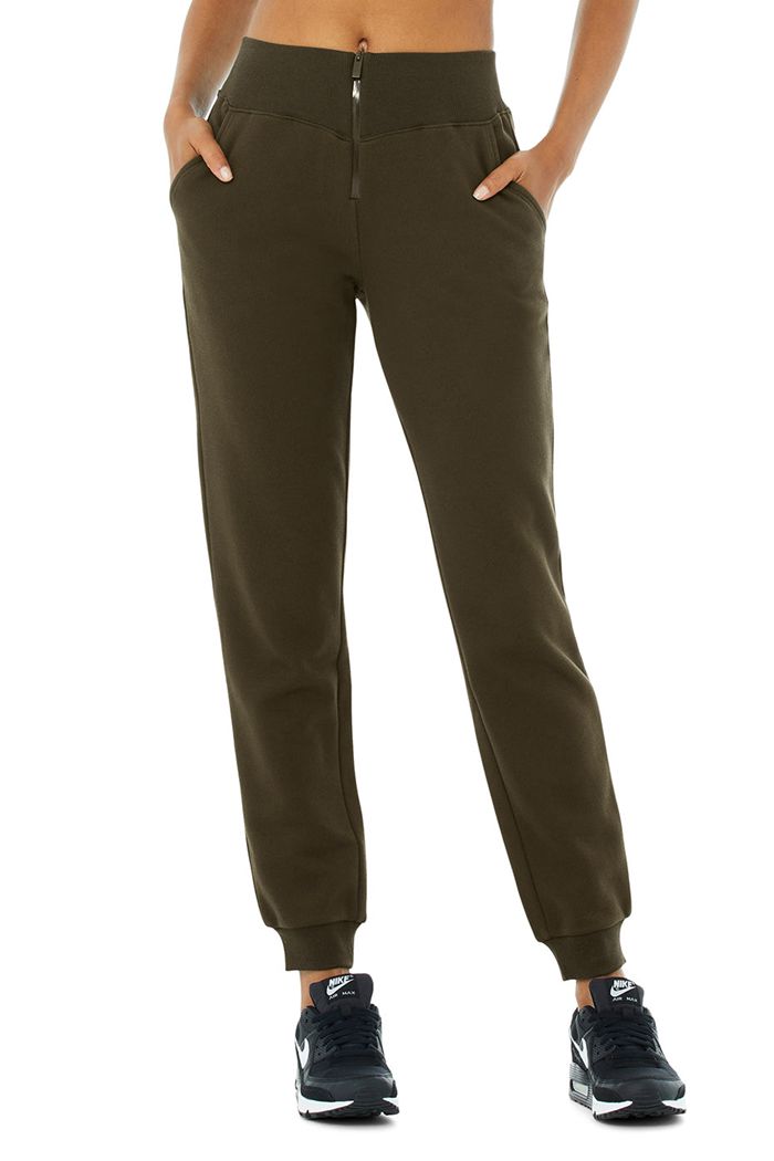 Alo Yoga Slick Zip Front Sweat Women's Pants Dark Olive | HDPRMFK-58