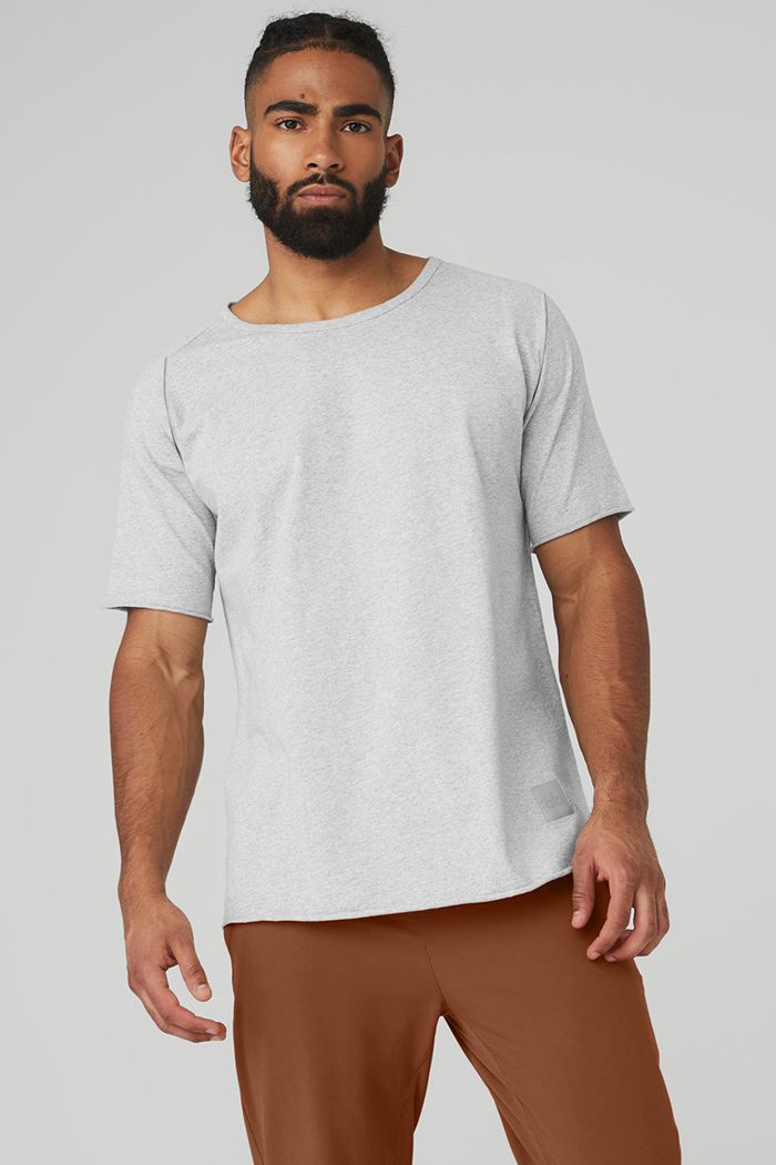 Alo Yoga Society Crewneck Tee Men's Short Sleeve Grey | KXBPFLJ-70