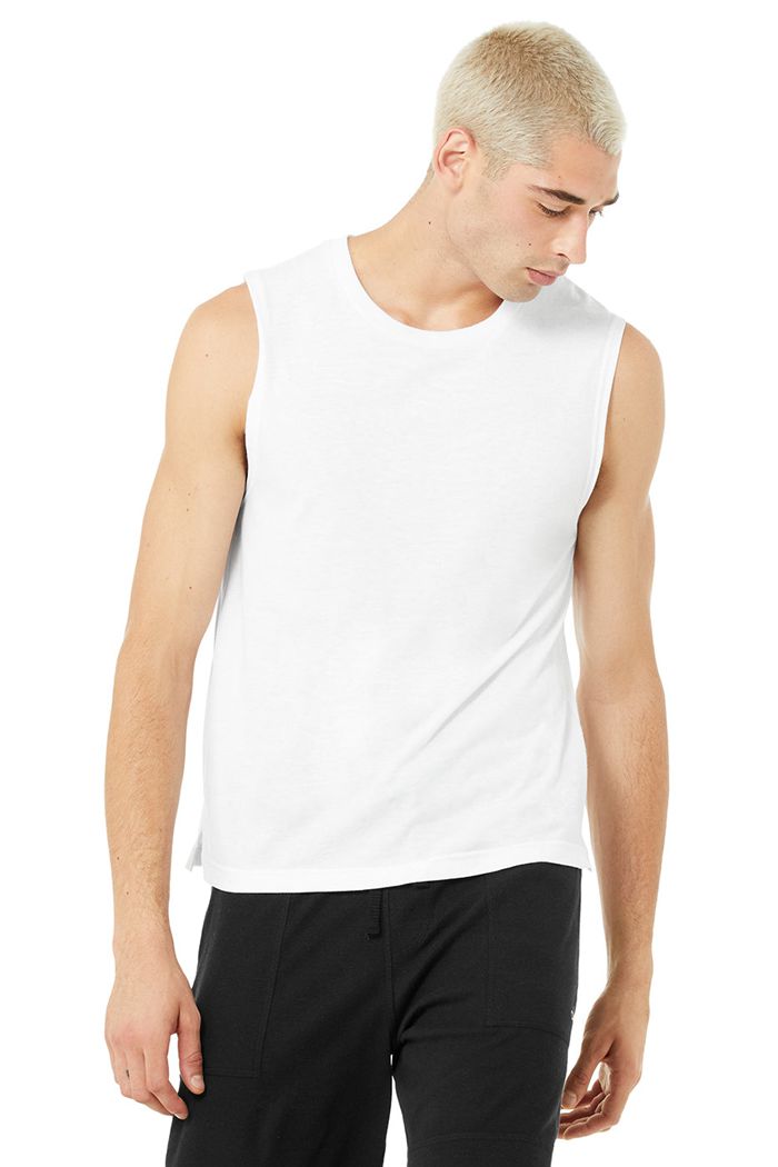 Alo Yoga The Triumph Muscle Men's Tank Tops White | CWHUMVN-80