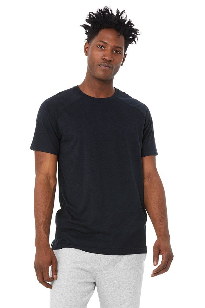 Alo Yoga Triumph Crew Neck Tee Men's Short Sleeve Navy | TVMCJPQ-26