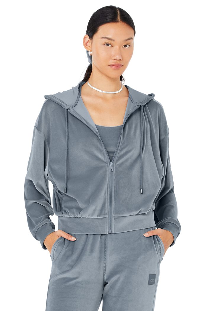 Alo Yoga Velour Glimmer Full Zip Women's Hoodie Grey | XYSEICJ-60