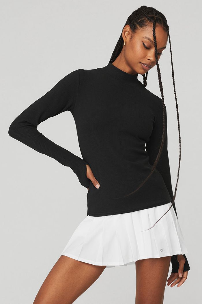 Alo Yoga Wellness Rib Mock Neck Women's Long Sleeve Black | WXANQSR-04