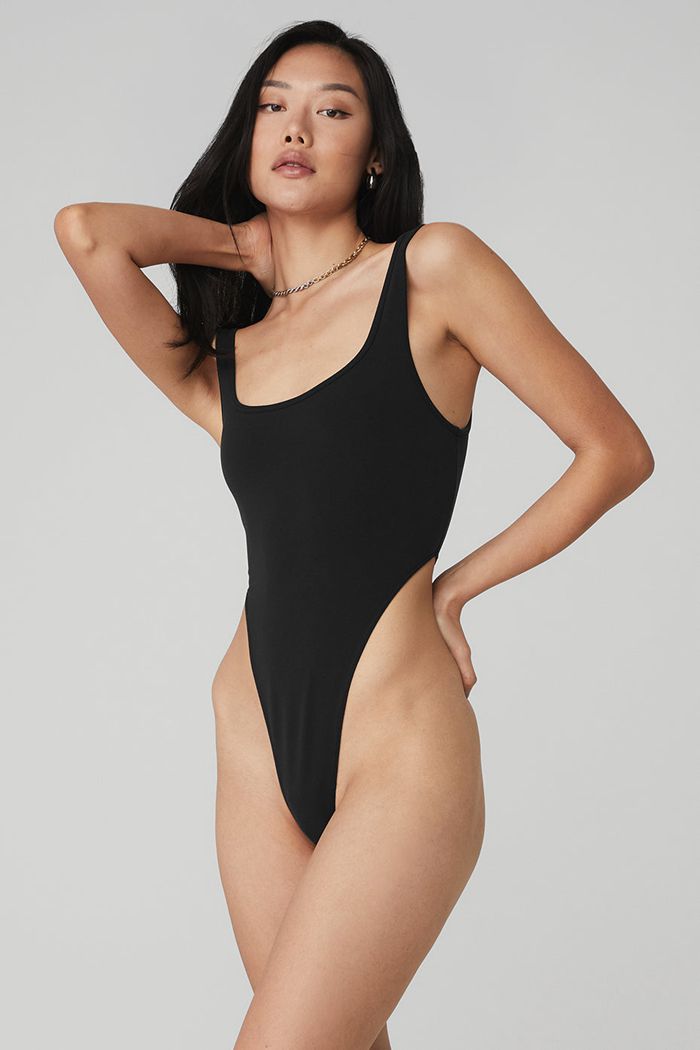 Alo Yoga Airbrush Hot Shot Women's Bodysuit Black | JFOHEWS-48