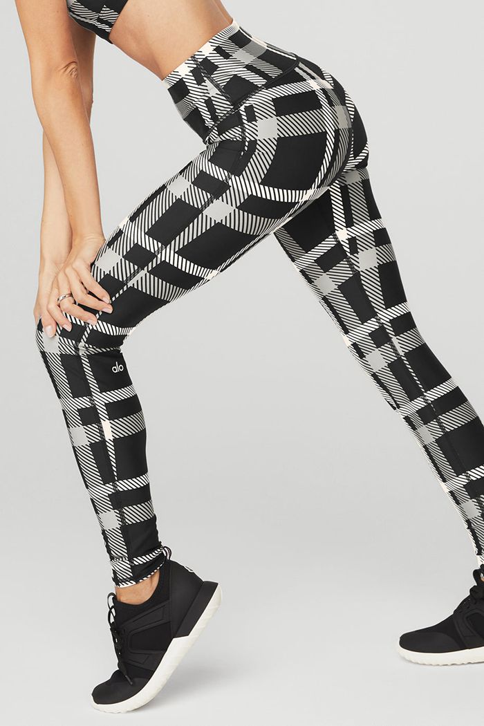 Alo Yoga Airlift High-Waist Magnified Plaid Women's Leggings Black White | WEUXQVC-04