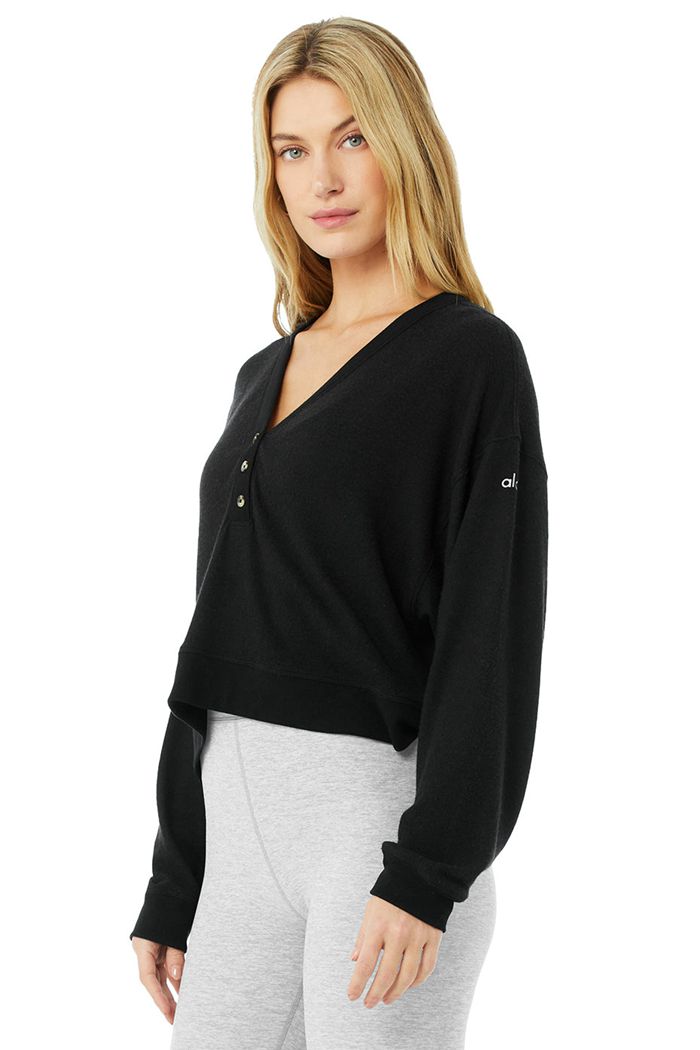 Alo Yoga Alolux Soho Crop Henley Women's Long Sleeve Black | YBJVXWE-26