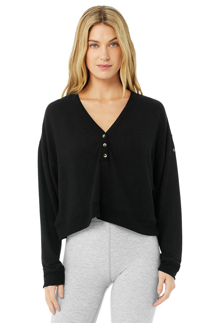 Alo Yoga Alolux Soho Crop Henley Women\'s Long Sleeve Black | YBJVXWE-26