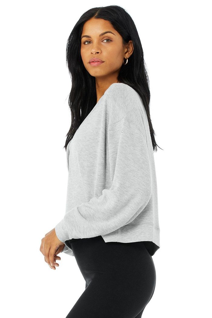 Alo Yoga Alolux Soho Crop Henley Women's Long Sleeve Grey | YDNPSML-96