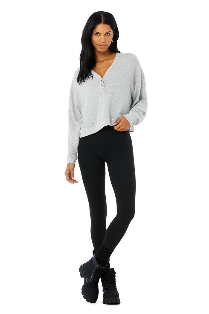 Alo Yoga Alolux Soho Crop Henley Women's Long Sleeve Grey | YDNPSML-96