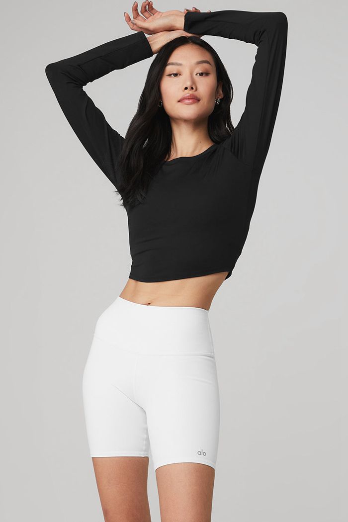 Alo Yoga Alosoft Crop Finesse Women\'s Long Sleeve Black | LFDNQWA-37