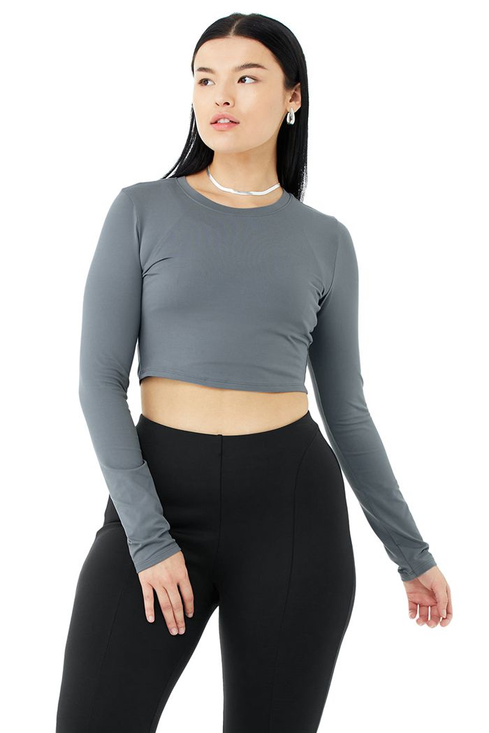 Alo Yoga Alosoft Crop Finesse Women's Long Sleeve Grey | QPTMCVW-53