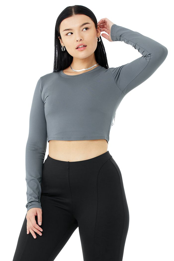 Alo Yoga Alosoft Crop Finesse Women's Long Sleeve Grey | QPTMCVW-53