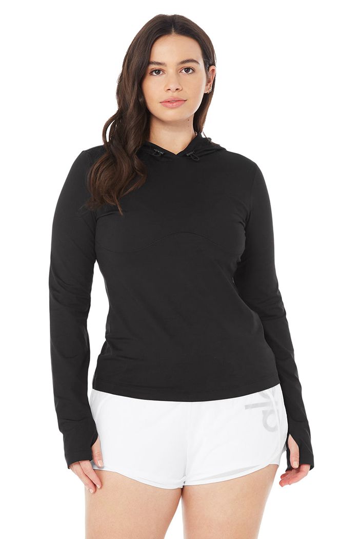 Alo Yoga Alosoft Hooded Runner Women's Long Sleeve Black | EHDCPOW-76