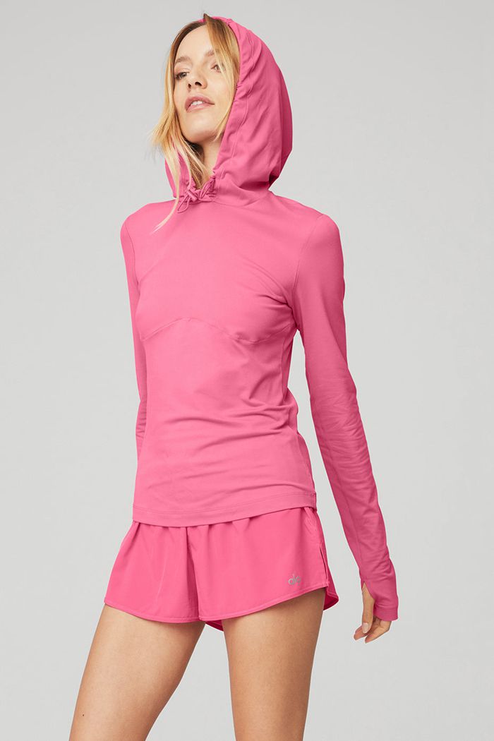 Alo Yoga Alosoft Hooded Runner Women's Long Sleeve Pink Fuchsia | ZHRFVDG-70