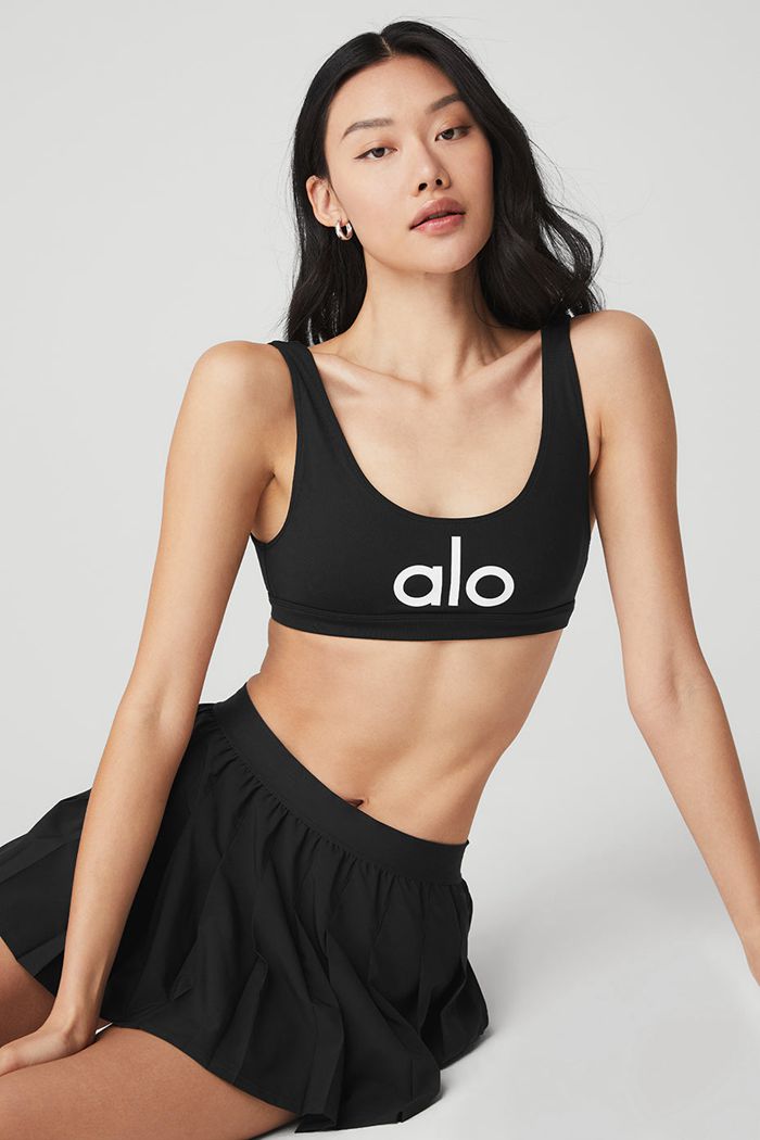 Alo Yoga Ambient Logo Women's Bras Black White | YFMVJUA-30