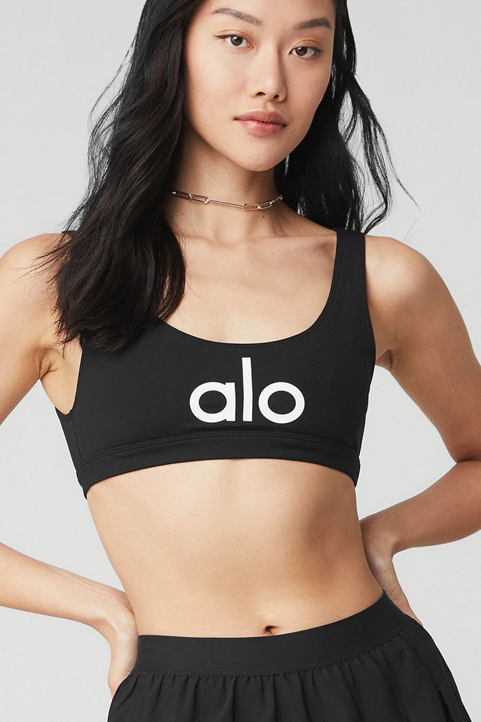 Alo Yoga Ambient Logo Women's Bras Black White | YFMVJUA-30