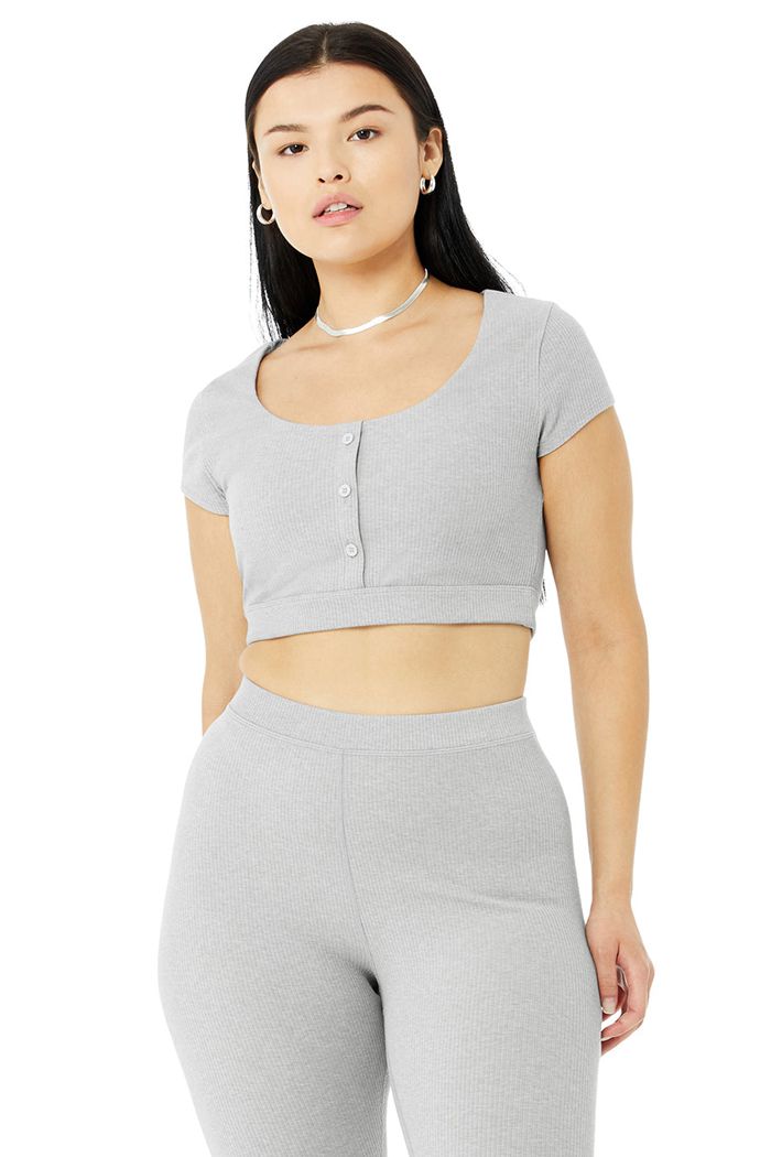 Alo Yoga Blissful Henley Women's Bras Grey | OEIHQMN-83