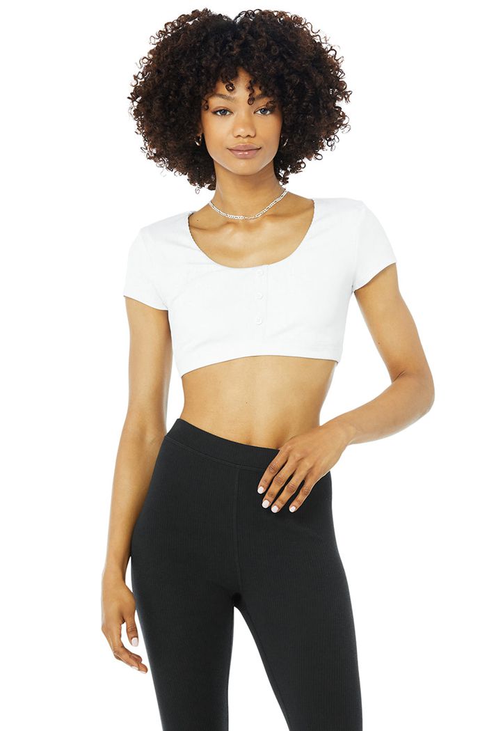 Alo Yoga Blissful Henley Women\'s Bras White | KOPBUMN-46