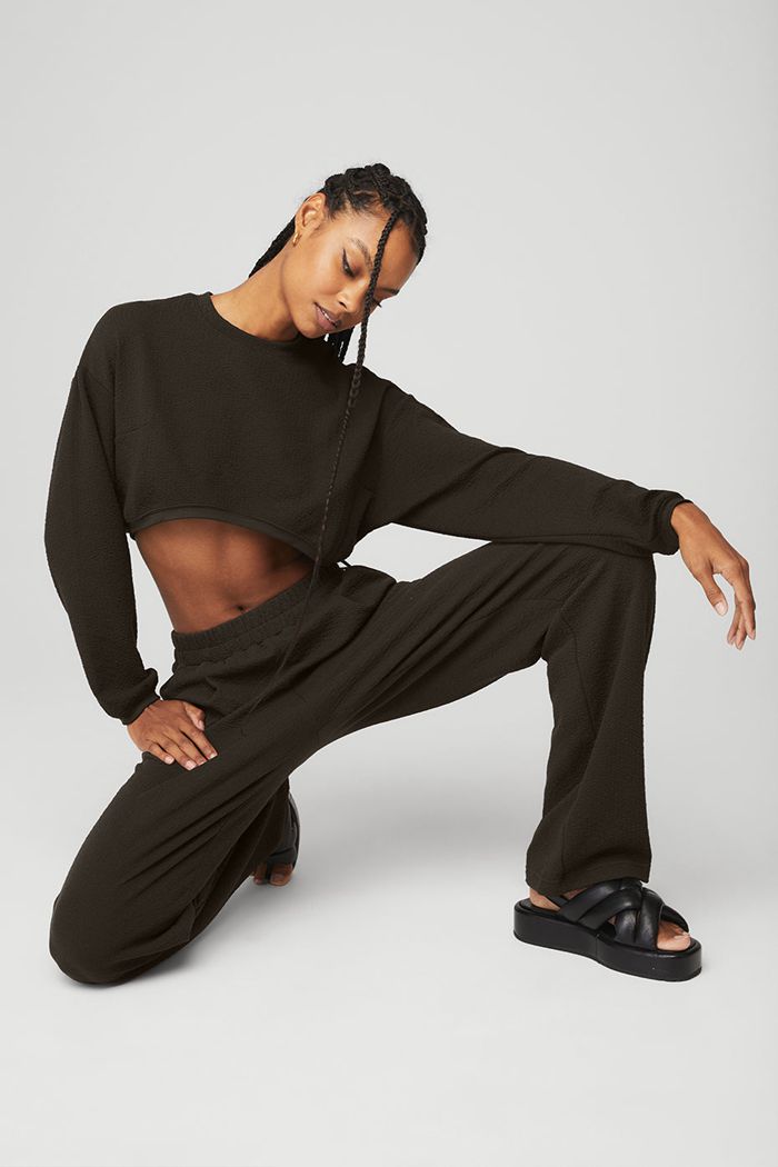 Alo Yoga Cropped Tailored Crew Neck Women's Long Sleeve Black | MFBQHZX-20