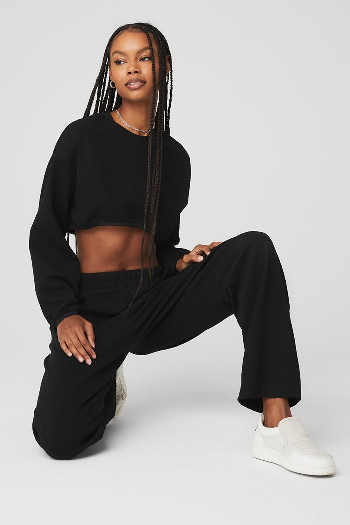 Alo Yoga Cropped Tailored Crew Neck Women's Long Sleeve Black | TOQKFAR-71