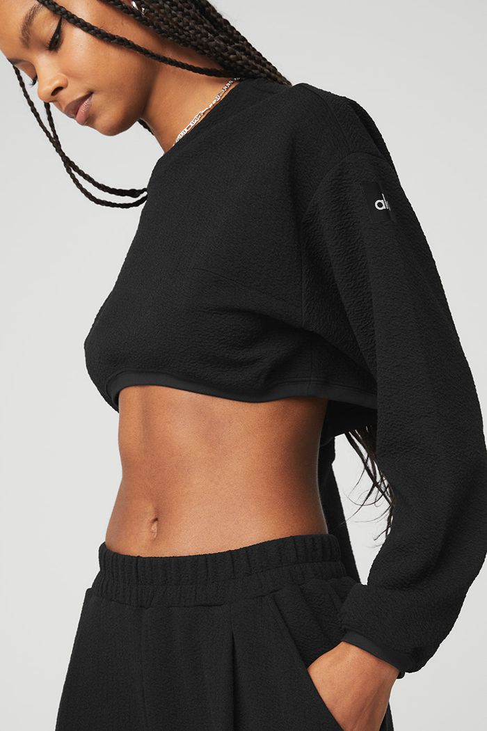 Alo Yoga Cropped Tailored Crew Neck Women's Long Sleeve Black | TOQKFAR-71