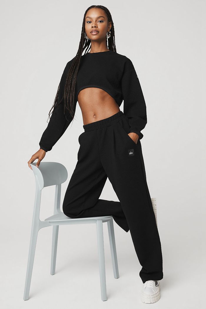 Alo Yoga Cropped Tailored Crew Neck Women's Long Sleeve Black | TOQKFAR-71