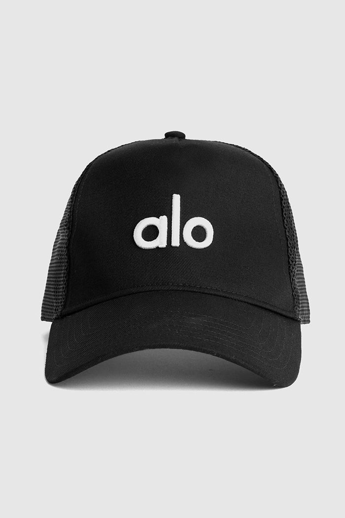 Alo Yoga District Trucker Men's Hats Black White | WSIXVQN-12