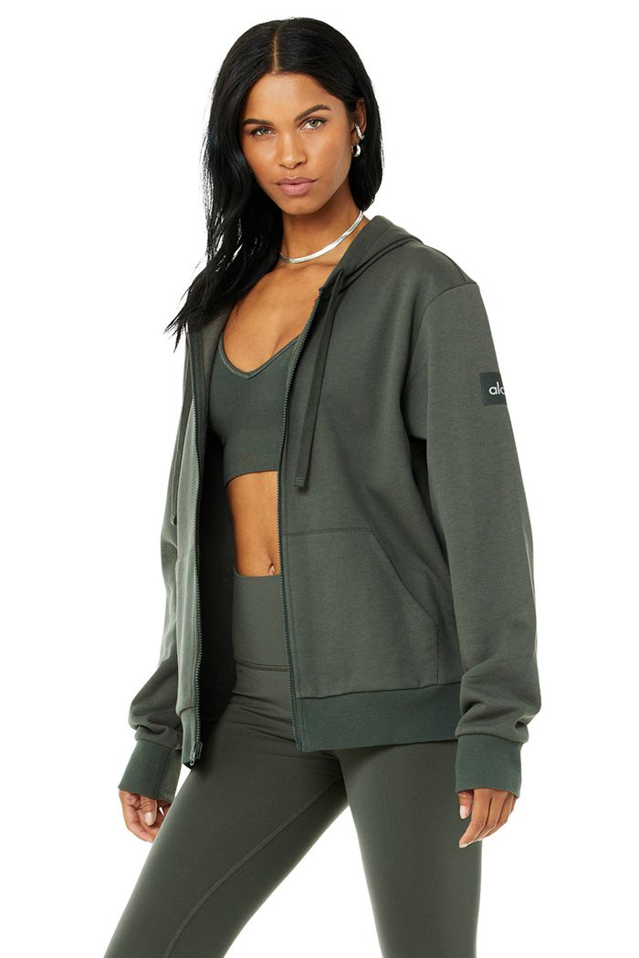 Alo Yoga Everyday Full Zip Women's Hoodie Dark Green | JHVEYOW-67