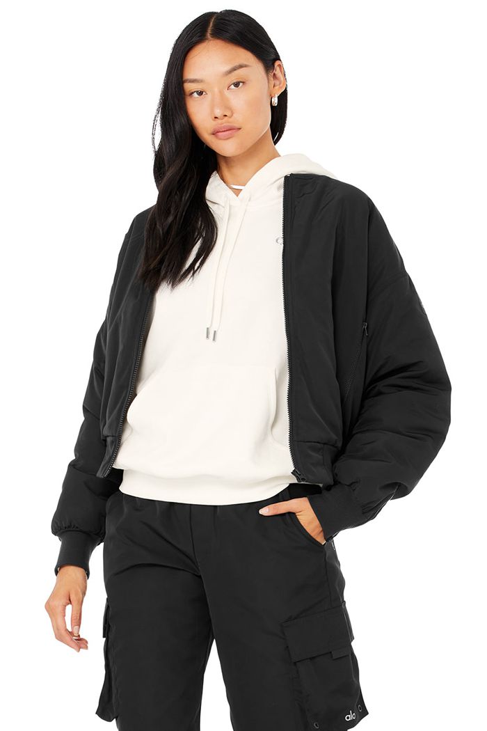 Alo Yoga Faux Fur Urbanite Bomber Women's Jackets Black White | QYOADZU-98