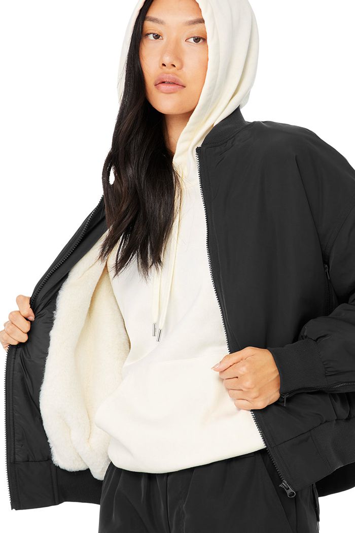 Alo Yoga Faux Fur Urbanite Bomber Women's Jackets Black White | QYOADZU-98