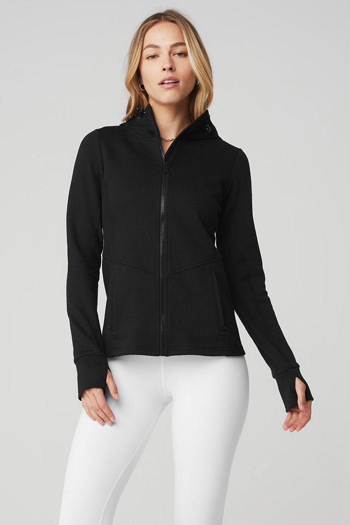 Alo Yoga Foundation Zip Women\'s Hoodie Black | RPLUZBC-47