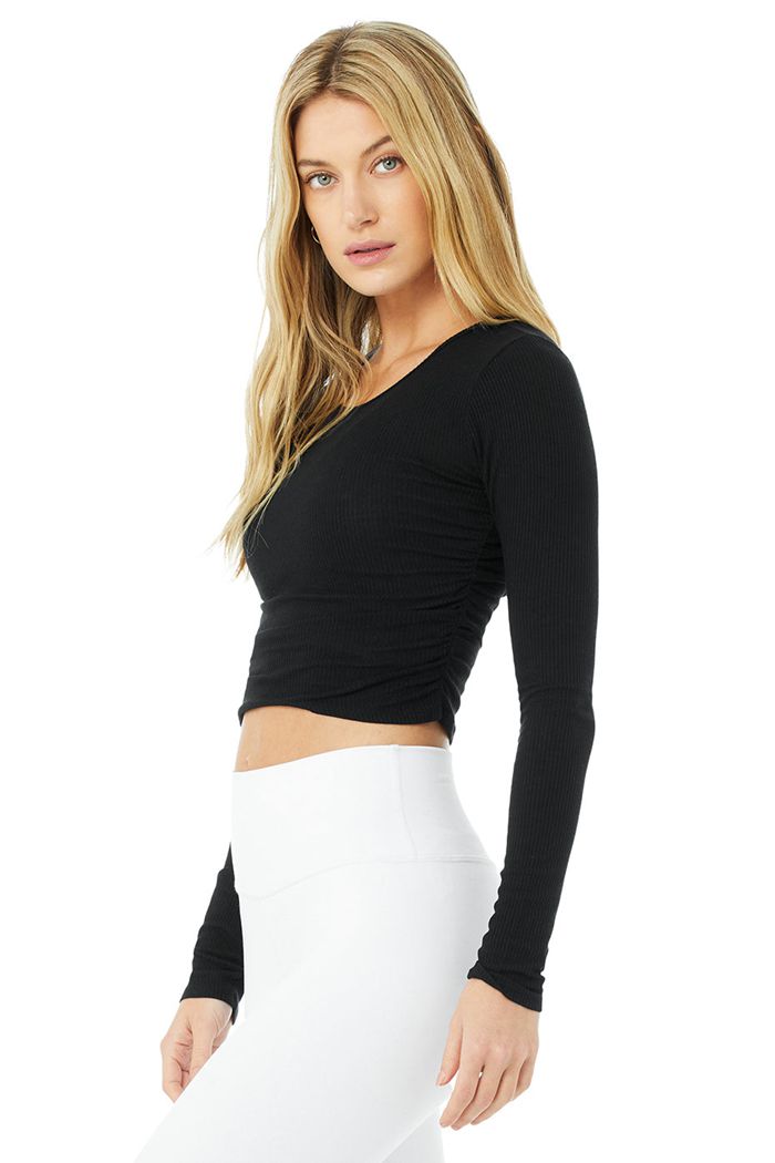 Alo Yoga Gather Women's Long Sleeve Black | BGTZSVM-96