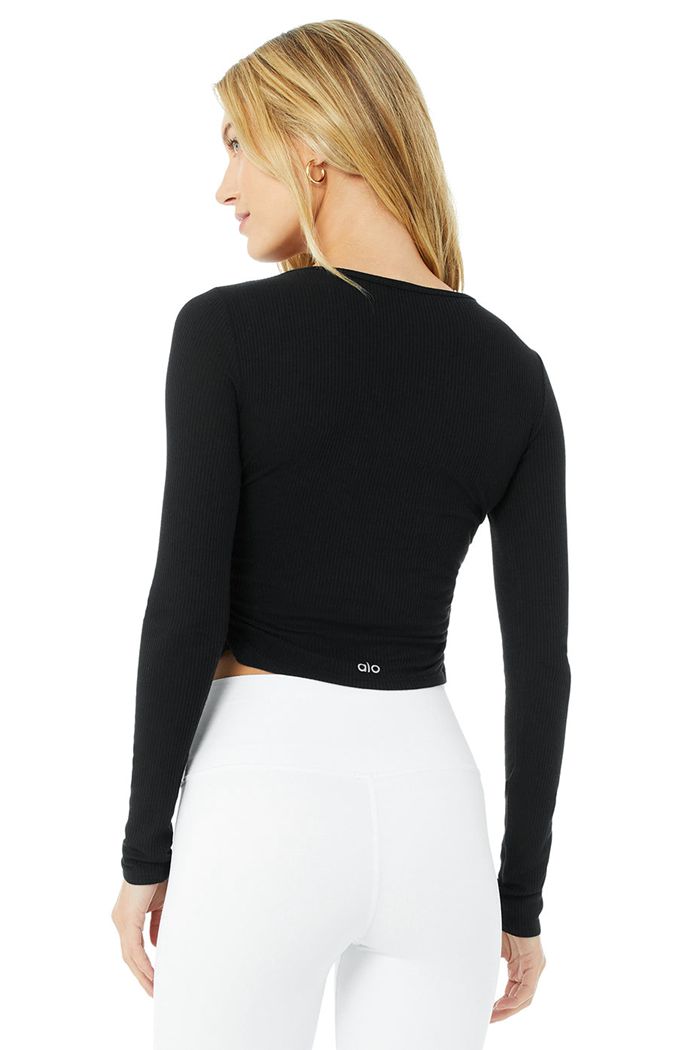 Alo Yoga Gather Women's Long Sleeve Black | BGTZSVM-96