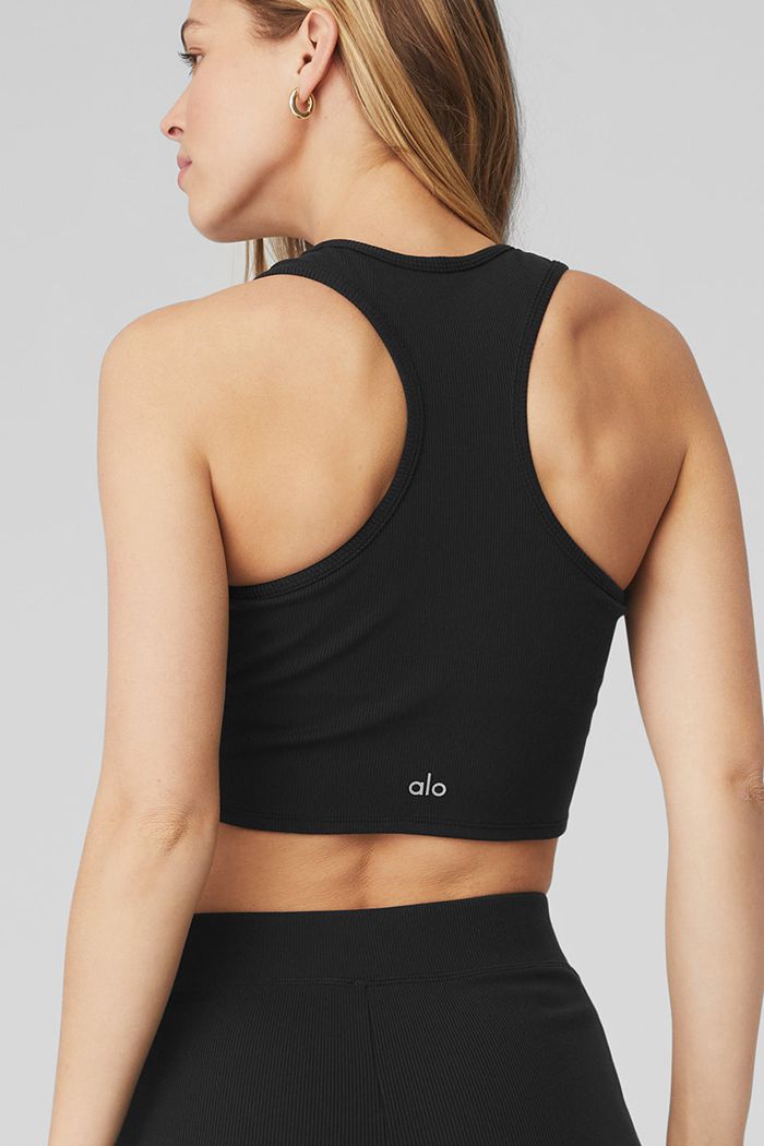 Alo Yoga Goddess Ribbed Cropped Racerback Women's Tank Tops Black | BTCPLDJ-49