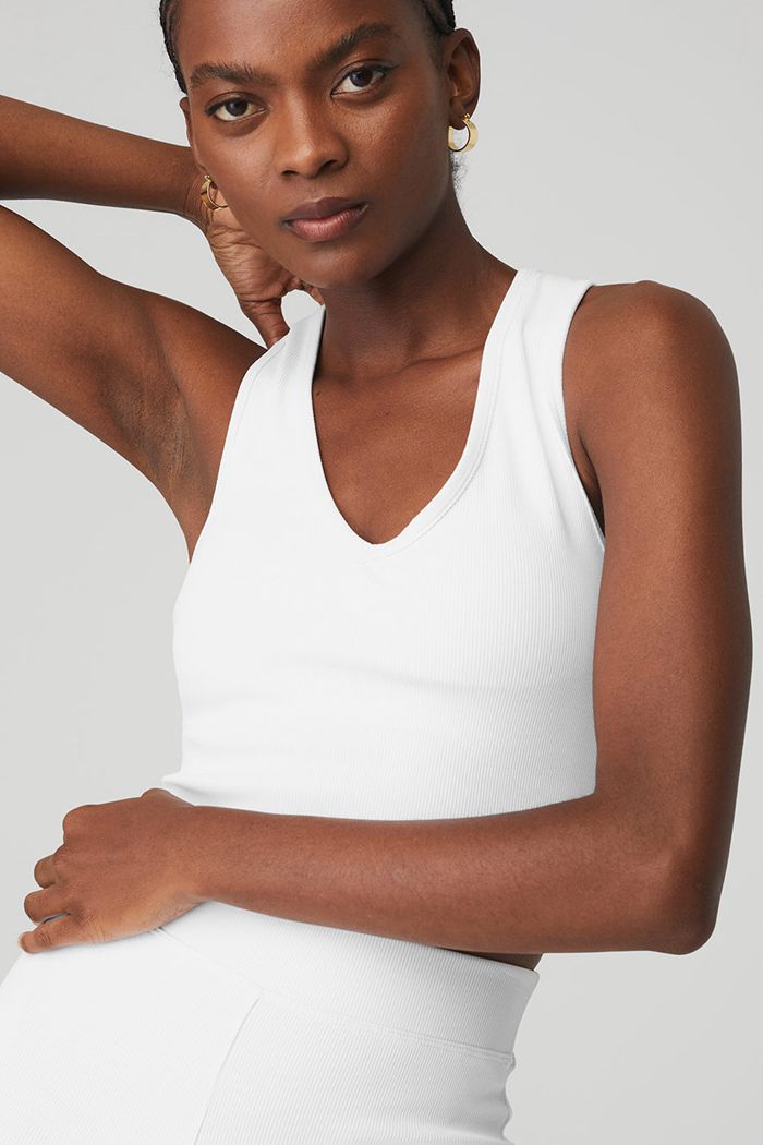 Alo Yoga Goddess Ribbed Cropped Racerback Women's Tank Tops White | JSEGPHR-67