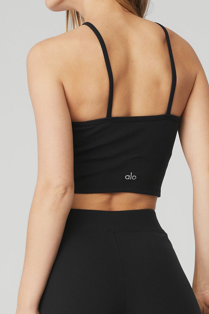 Alo Yoga Goddess Ribbed Cross Women's Tank Tops Black | GQJBUNS-73