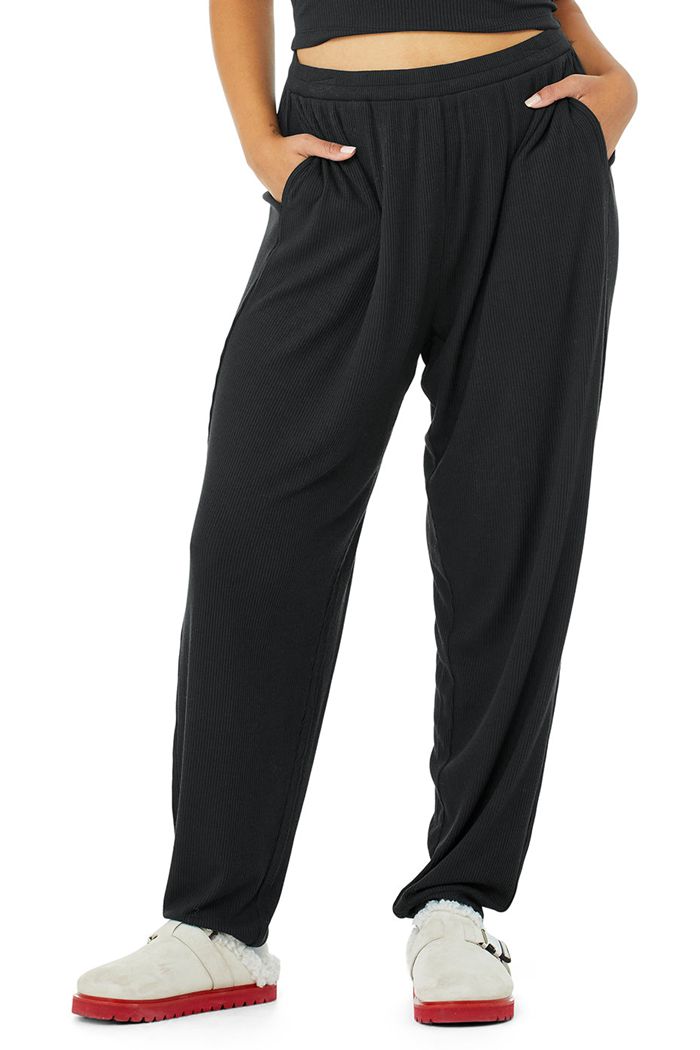 Alo Yoga High-Waist Ribbed Whisper Women's Pants Black | OQTLWJF-13