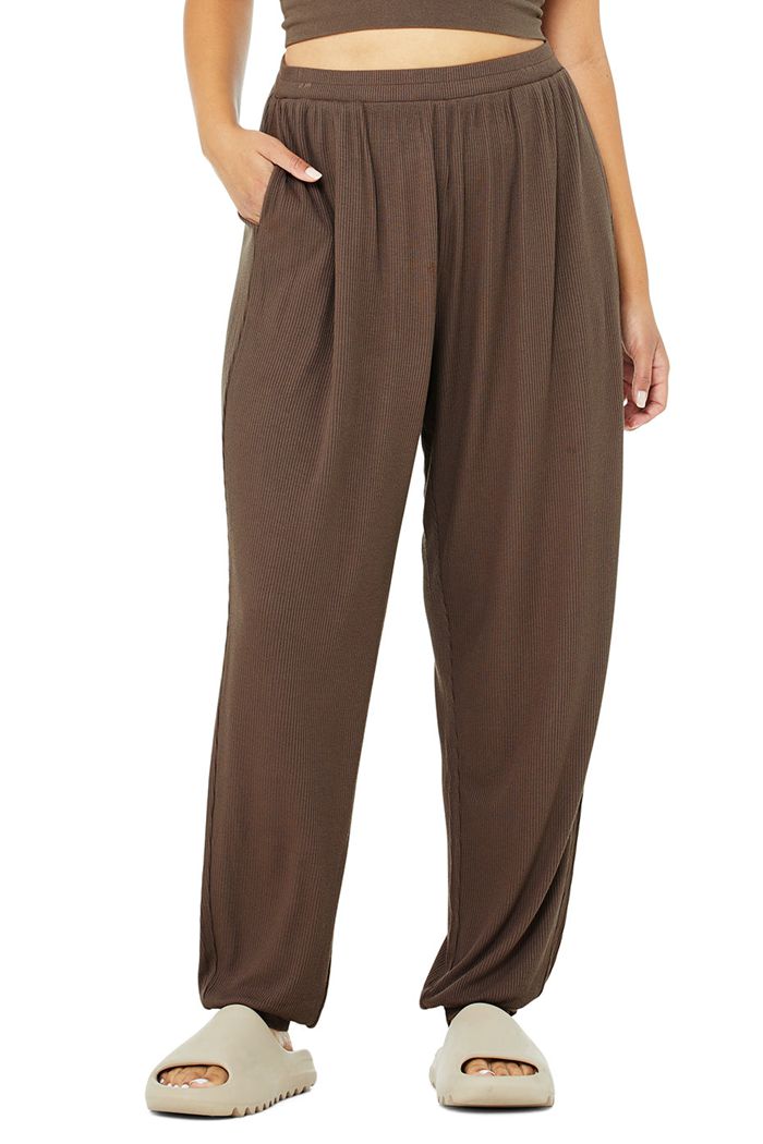 Alo Yoga High-Waist Ribbed Whisper Women's Pants Brown | WQXAMUI-16