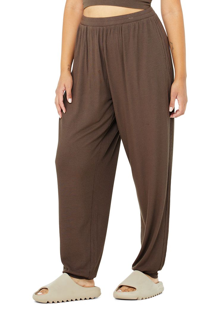 Alo Yoga High-Waist Ribbed Whisper Women's Pants Brown | WQXAMUI-16