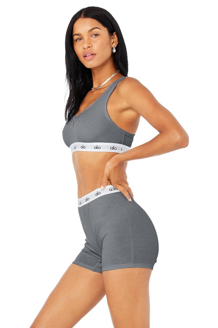 Alo Yoga Icon Ribbed Henley Women's Bras Grey | BISYULG-29