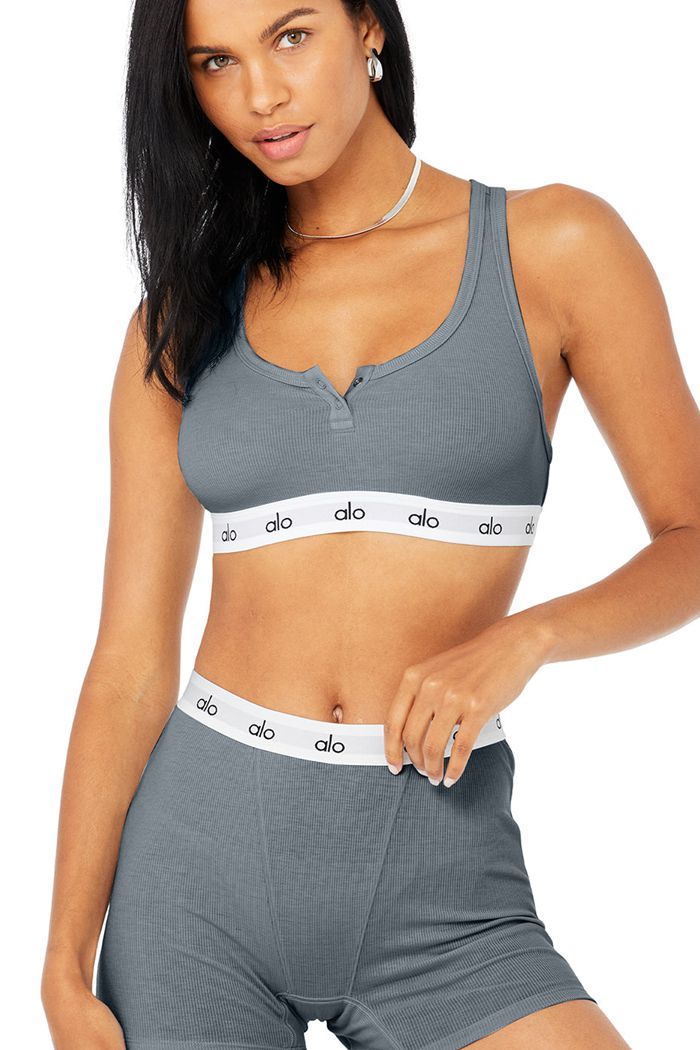 Alo Yoga Icon Ribbed Henley Women's Bras Grey | BISYULG-29