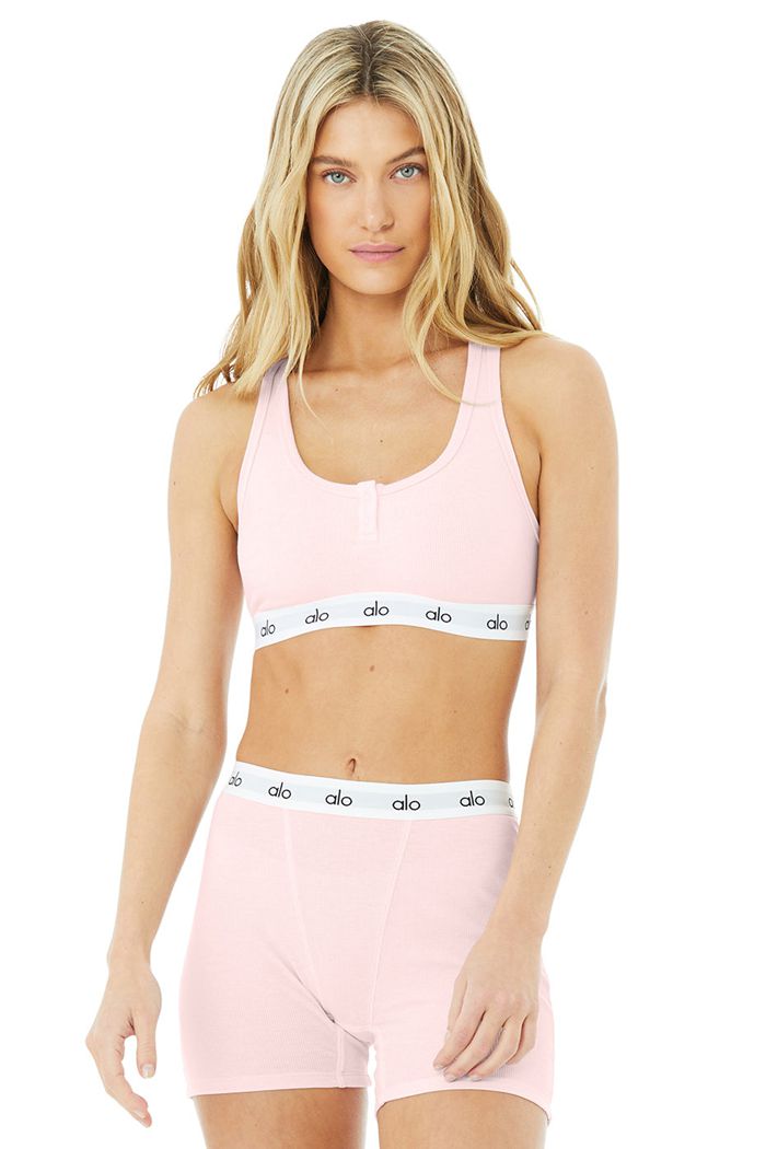 Alo Yoga Icon Ribbed Henley Women\'s Bras Pink | SMZORTX-10