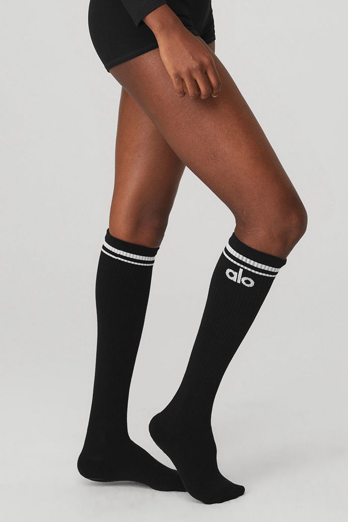 Alo Yoga Knee-High Throwback Barre Women's Socks Black White | CWHMDVX-15