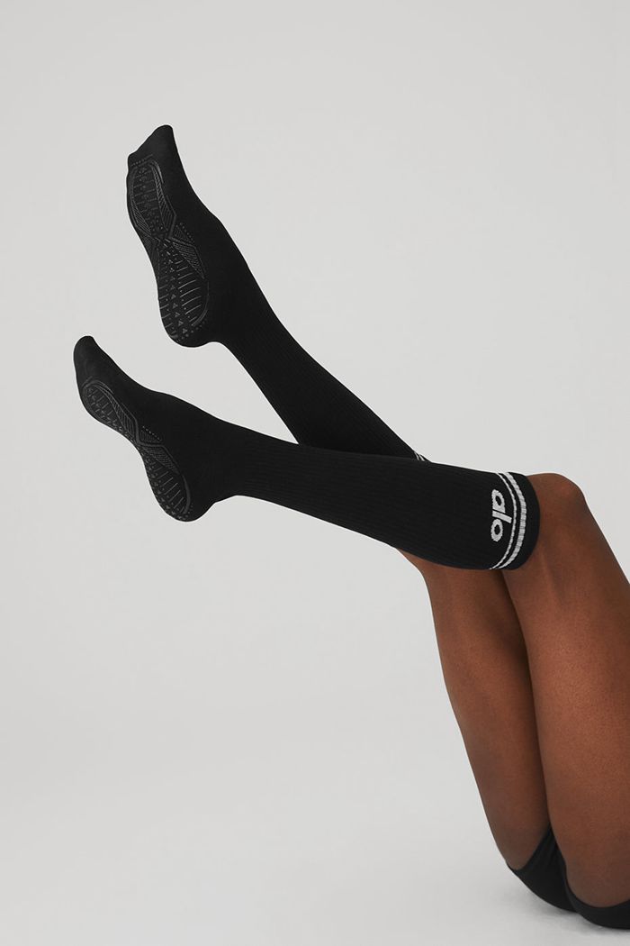 Alo Yoga Knee-High Throwback Barre Women's Socks Black White | CWHMDVX-15