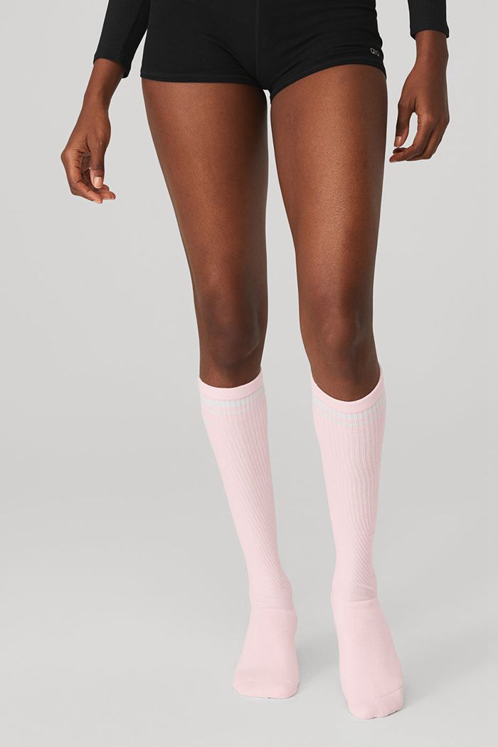 Alo Yoga Knee-High Throwback Barre Women's Socks Pink White | YKJTGEZ-31